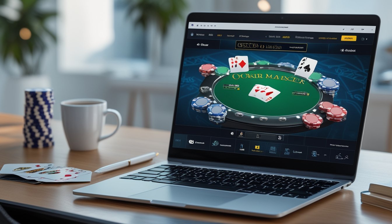 Seorang pemain poker sedang bermain poker online di depan komputer dengan chip dan kartu di meja.
