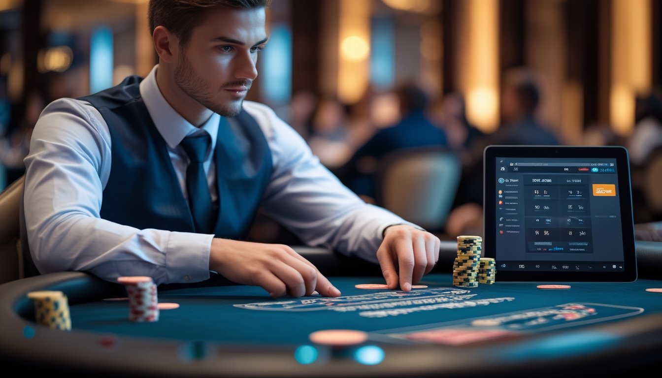 Seorang pemain poker profesional fokus bermain di meja poker dengan chip, kartu, dan perangkat digital di kasino mewah.