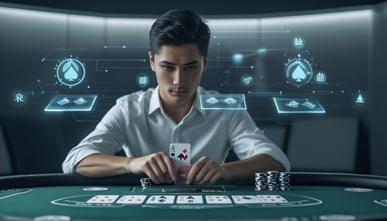 Seorang pemain poker profesional yang fokus duduk di meja permainan dengan kartu dan chip poker digital, menunjukkan suasana permainan poker online.