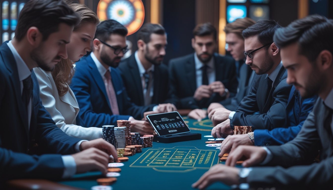 Sekelompok pemain poker serius duduk di meja poker dengan chip dan kartu, fokus pada strategi permainan di lingkungan kasino modern.