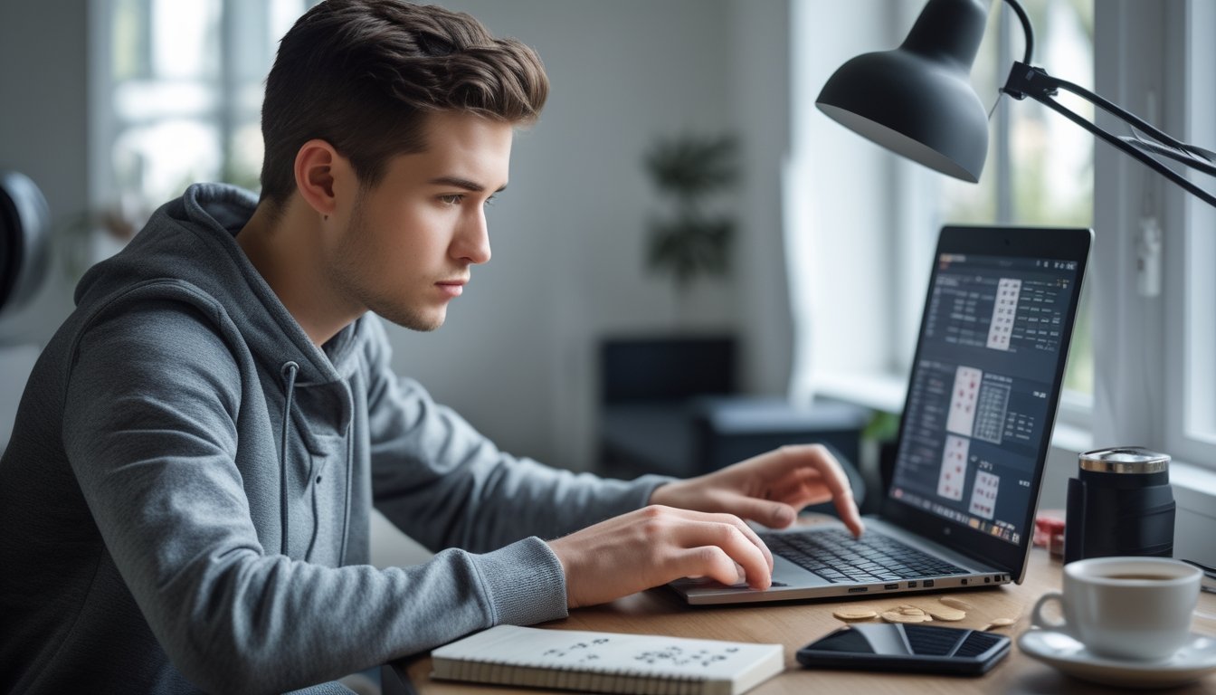 Seorang pria muda fokus bermain poker online di laptop di ruang kerja modern dengan chip poker dan ponsel di meja.