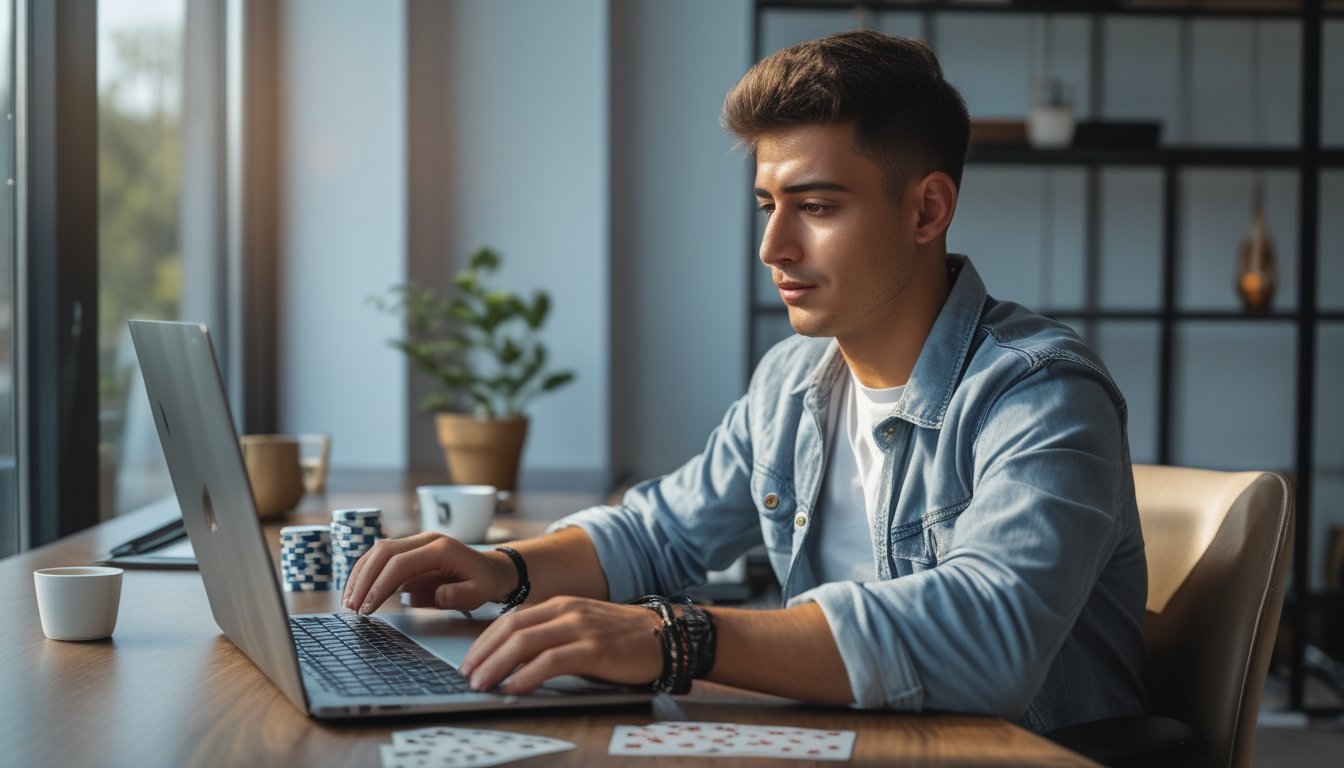 Seorang dewasa muda duduk di meja modern bermain poker online dengan laptop, di meja terdapat chip poker dan kartu remi, suasana ruangan kantor rumah yang nyaman.