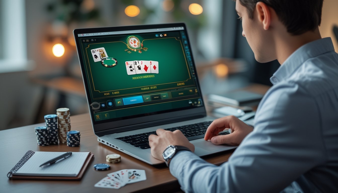Seorang pria duduk di depan laptop bermain poker online dengan tumpukan chip poker kecil di meja.