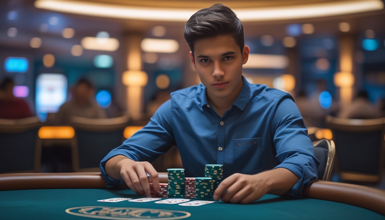 Seorang dewasa muda duduk di meja poker dengan kartu dan tumpukan chip, fokus bermain dalam suasana kasino.