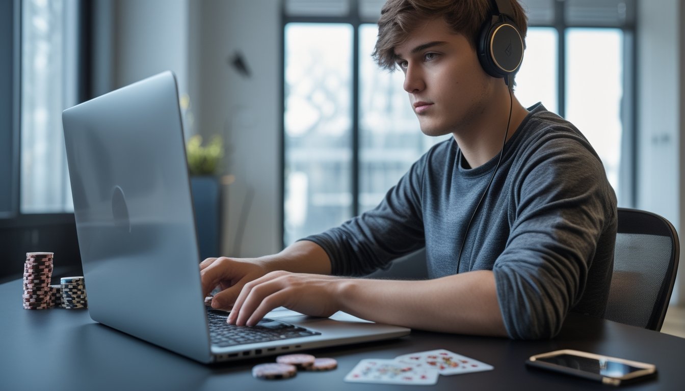 Seorang dewasa muda sedang fokus bermain poker online menggunakan laptop di ruangan modern dengan chip poker dan kartu di meja.