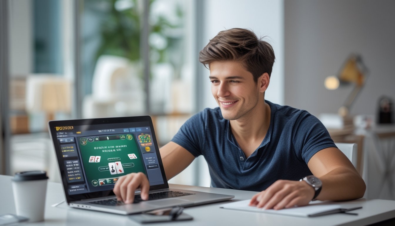 Seorang pria muda duduk di meja modern sambil bermain poker online di laptop dengan ekspresi percaya diri dan suasana tenang.