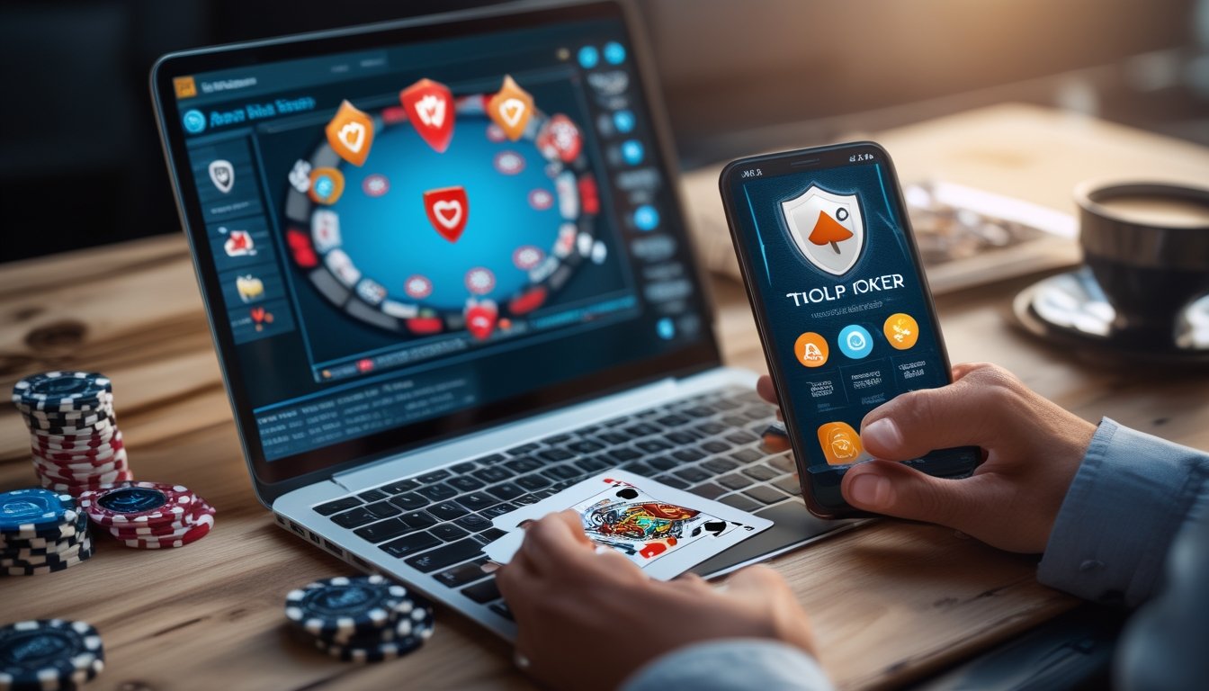 Seorang pemain poker online sedang bermain di laptop dengan kartu di tangan dan ponsel yang menampilkan ikon keamanan di meja kerja.