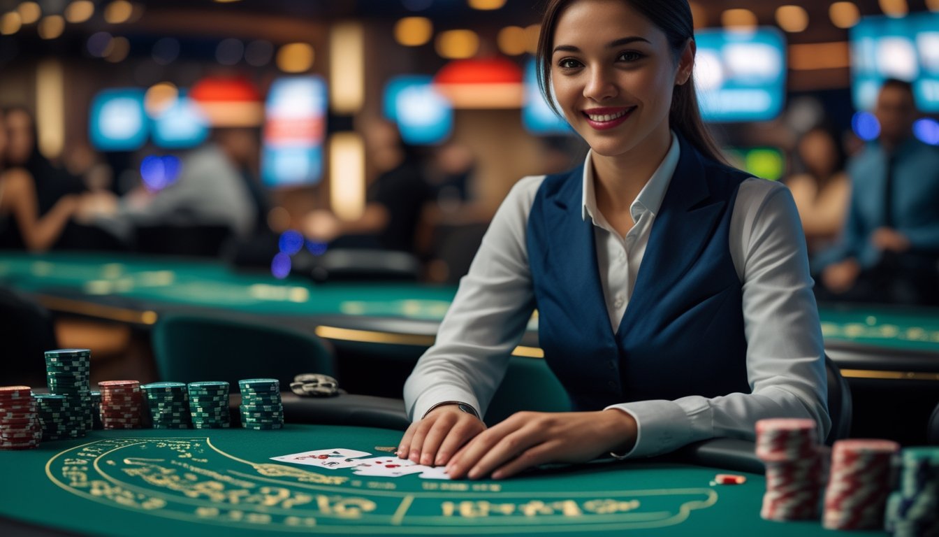 Seorang dealer profesional sedang membagikan kartu di meja kasino langsung dengan suasana kasino yang elegan dan ramai.