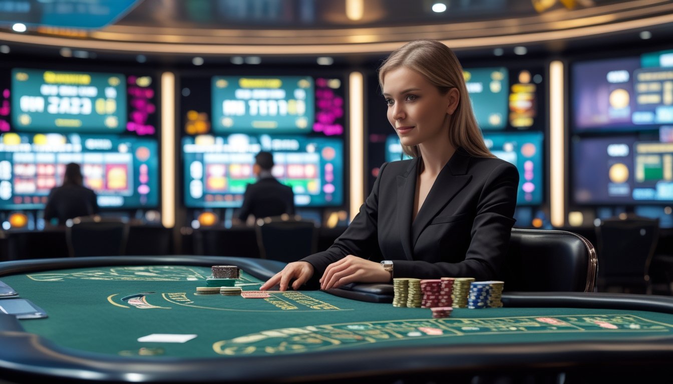 Seorang dealer wanita duduk di meja kasino dengan kartu dan chip, latar belakang menampilkan layar digital permainan kasino langsung.