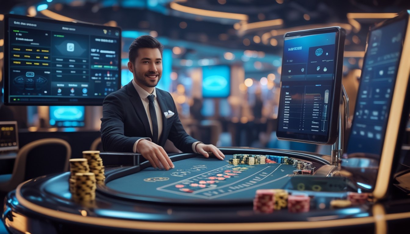 Seorang dealer kasino profesional duduk di meja kasino dengan kartu dan chip, dikelilingi layar dan peralatan teknologi tinggi dalam suasana kasino online yang modern.