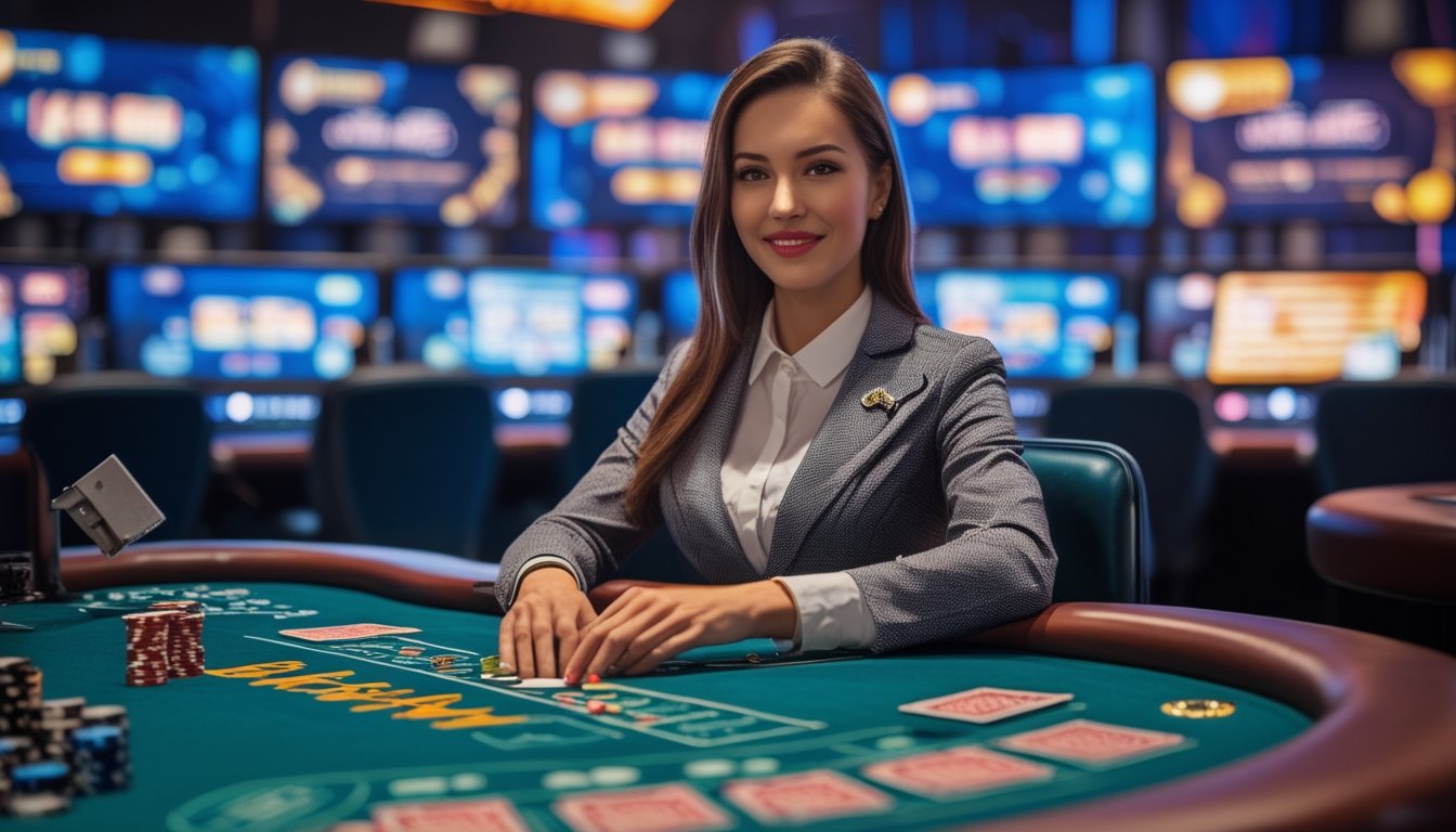 Seorang dealer wanita profesional duduk di meja kasino dengan kartu dan chip, dikelilingi oleh monitor yang menampilkan permainan kasino langsung.