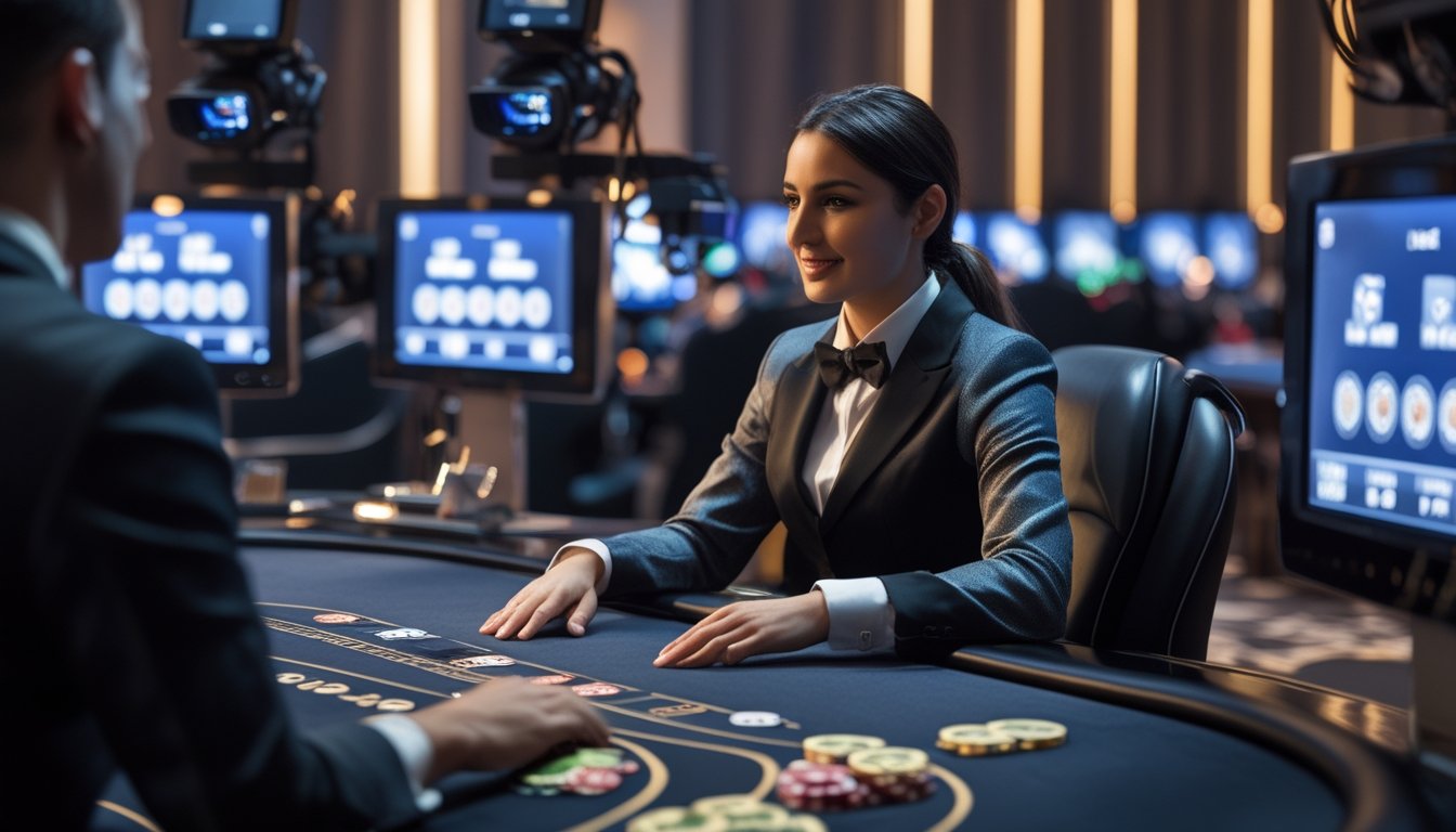 Seorang dealer kasino nyata duduk di meja kasino modern dengan kartu dan chip, dikelilingi oleh kamera dan layar untuk permainan kasino langsung online.