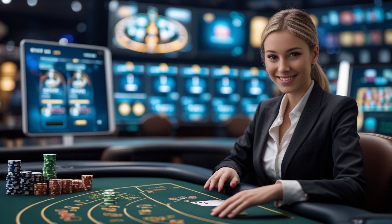 Seorang dealer wanita profesional duduk di meja kasino dengan kartu dan chip, di latar belakang layar menampilkan permainan kasino langsung.