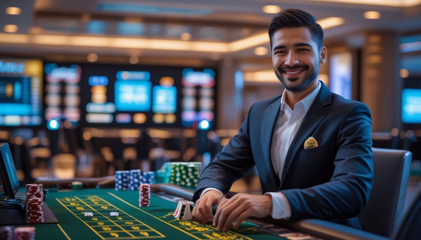 Seorang dealer kasino profesional yang tersenyum di depan meja kasino dengan kartu dan chip dalam suasana kasino online langsung.