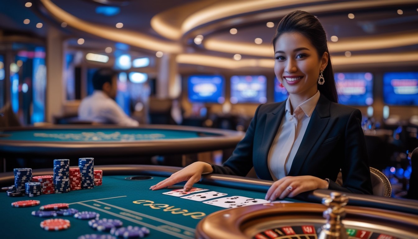 Seorang dealer kasino nyata sedang melayani pemain di meja kasino dengan kartu dan chip, di lingkungan kasino langsung yang modern.