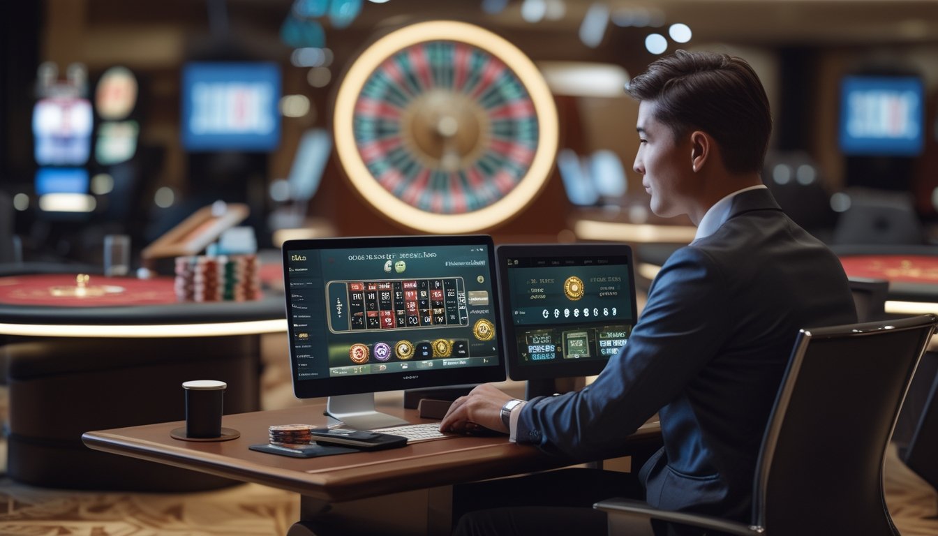 Seorang pemain dewasa sedang bermain permainan live casino online dengan perangkat digital di meja yang rapi dan pencahayaan hangat.