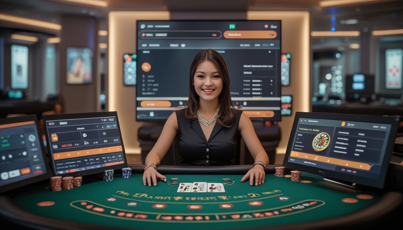 Seorang dealer kasino langsung yang ramah duduk di meja hijau dengan kartu dan chip, berinteraksi dengan pemain melalui layar besar di studio kasino modern.
