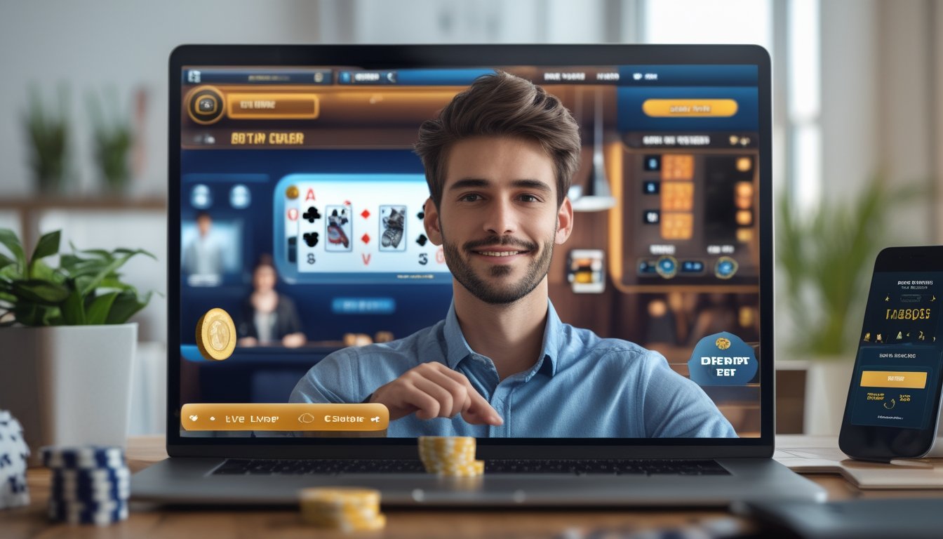 Seorang pria muda duduk di meja dengan laptop, bermain kasino online dengan dealer langsung di layar.