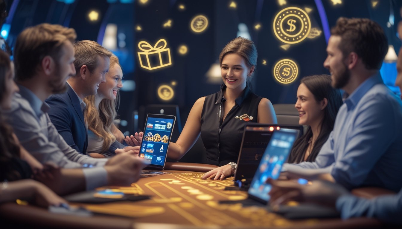 Orang-orang bermain kasino langsung online dengan dealer nyata menggunakan perangkat digital di ruangan yang terang dan modern.