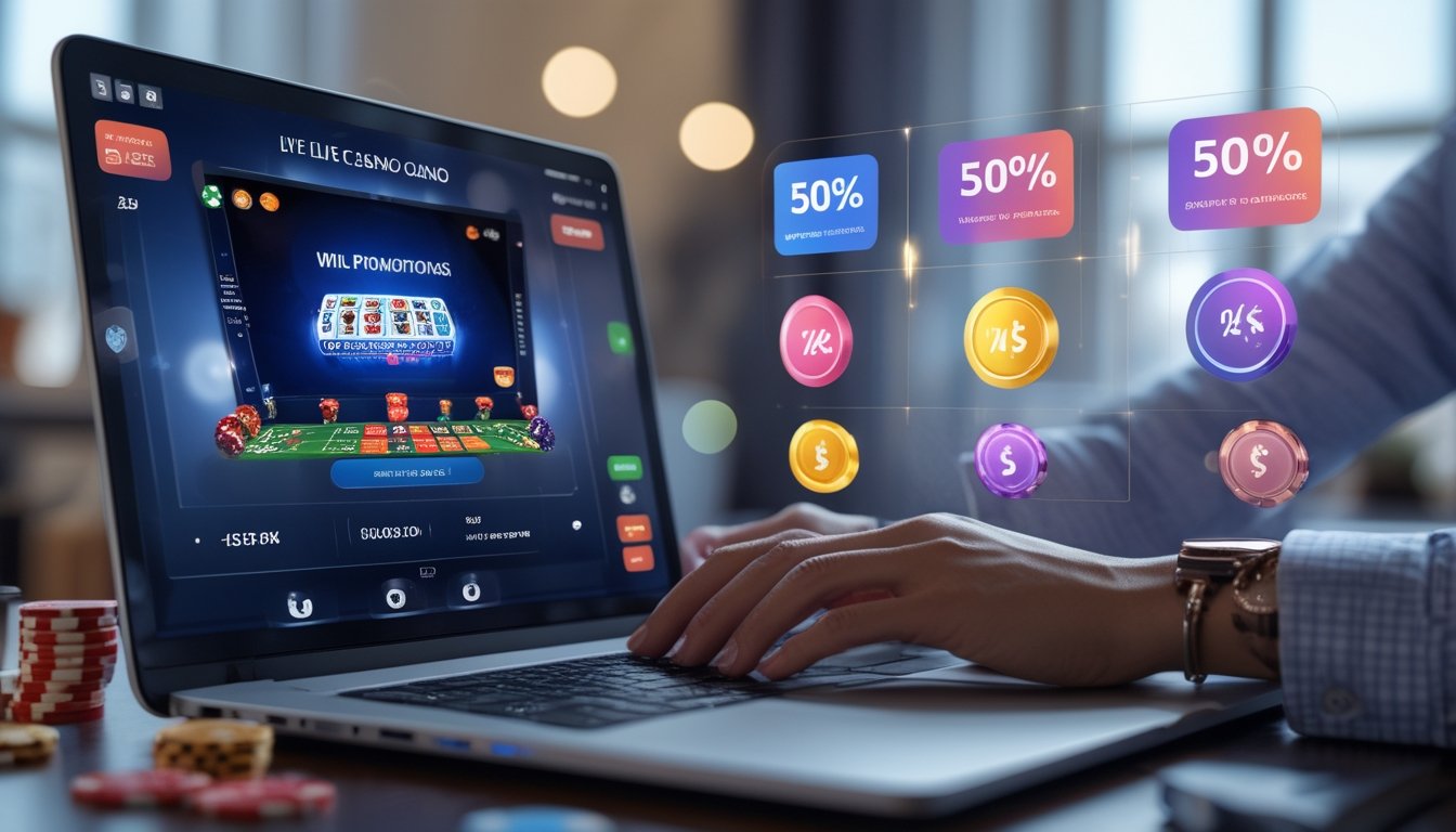 Seseorang menggunakan laptop yang menampilkan permainan kasino langsung dengan ikon bonus dan promo di sekitarnya di sebuah meja kerja modern.