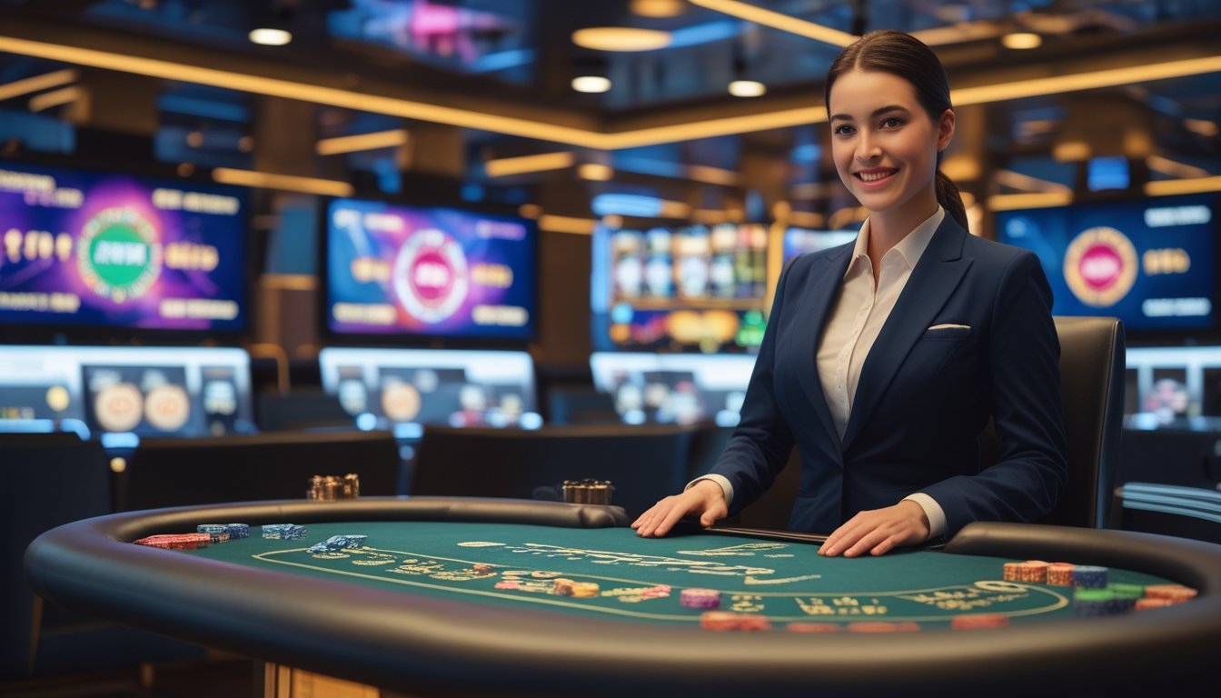 Seorang dealer kasino langsung profesional di meja permainan dengan layar digital di latar belakang.