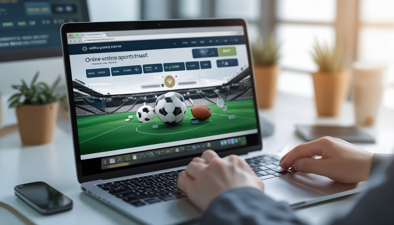 Seseorang menggunakan laptop atau ponsel untuk memasang taruhan bola online dengan latar belakang stadion sepak bola.