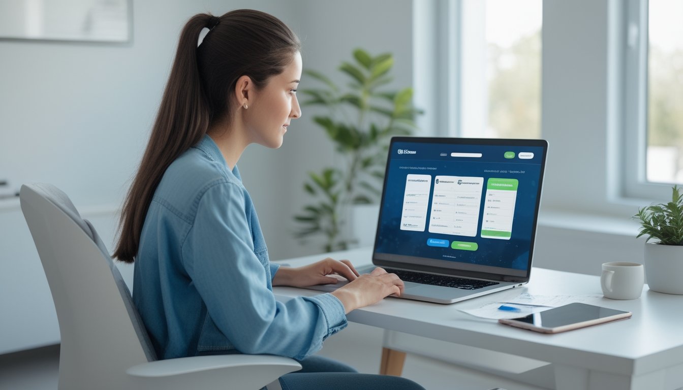 Seorang wanita muda duduk di meja dengan laptop terbuka menampilkan situs taruhan olahraga online, suasana nyaman dan terang di ruang kerja rumah.