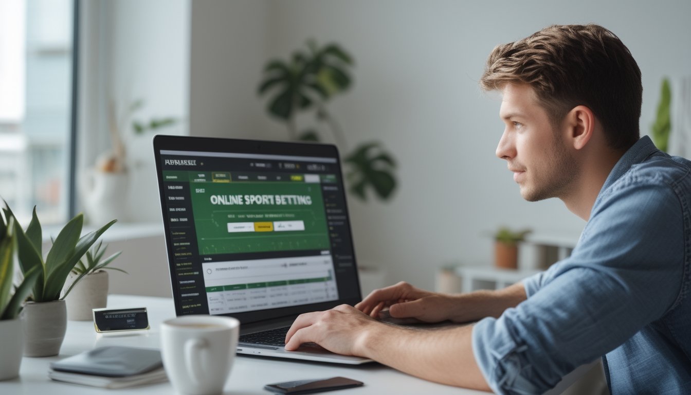Seorang pria muda duduk di meja dengan laptop, tampak fokus belajar bermain bandar bola online dengan suasana ruangan yang terang dan nyaman.