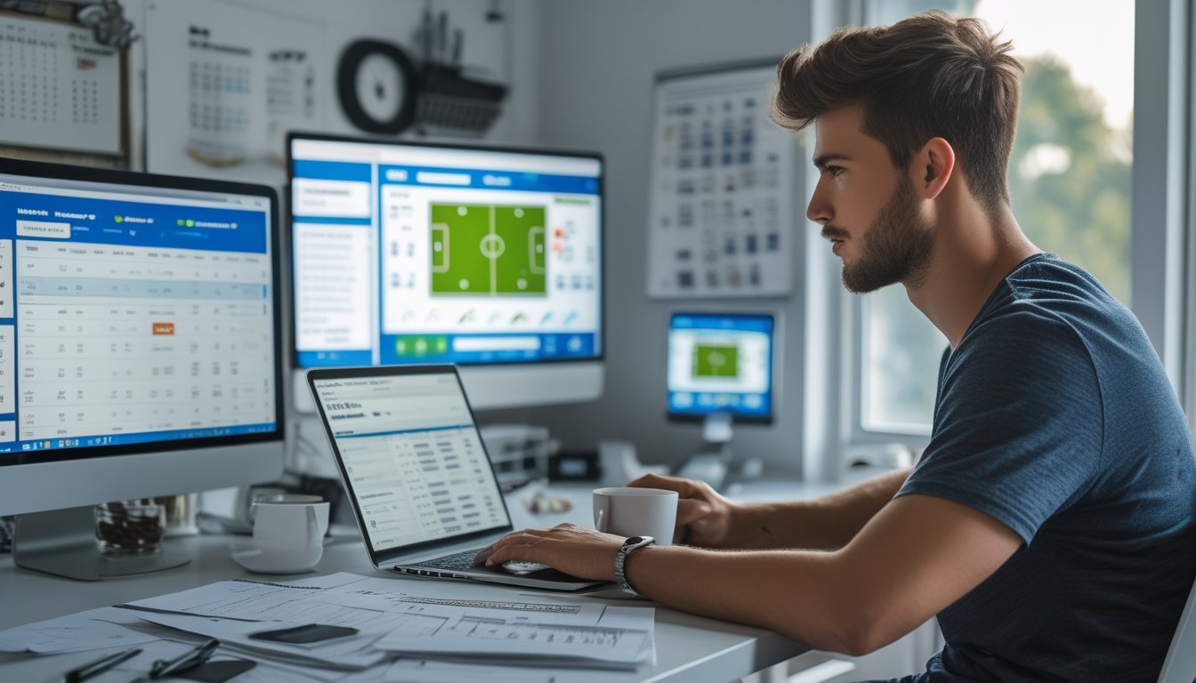 Seorang pria muda duduk di meja dengan laptop, melihat data taruhan bola online di layar komputer.