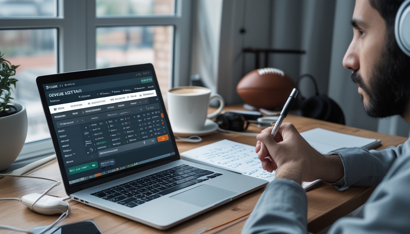 Seorang pria sedang duduk di depan laptop yang menampilkan situs taruhan olahraga online, dengan catatan dan alat tulis di meja, di ruang kerja yang terang dan rapi.