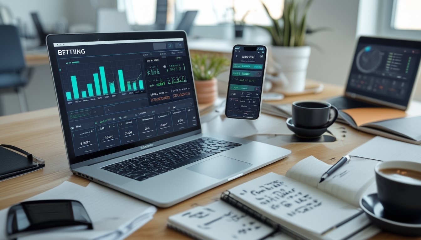 Meja kerja dengan laptop menampilkan grafik taruhan bola, smartphone dengan aplikasi taruhan, buku catatan, dan kopi di lingkungan kantor yang terang.
