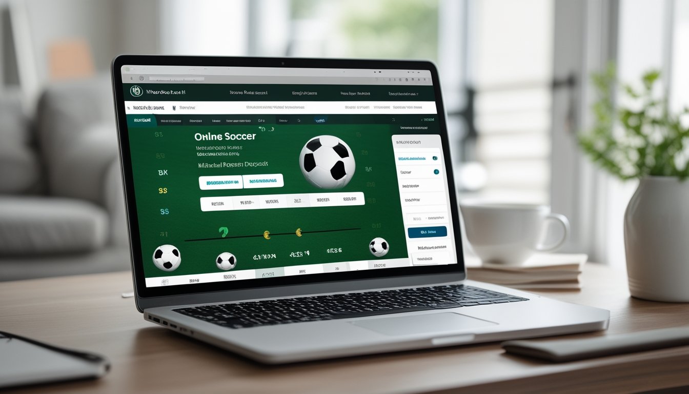 Seseorang menggunakan laptop atau ponsel di meja kerja dengan tampilan antarmuka taruhan sepak bola online yang aman dan cepat.