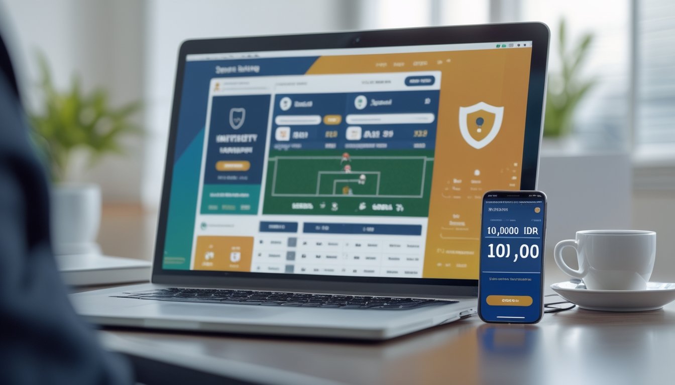 Meja kerja modern dengan laptop yang menampilkan situs taruhan bola online dan smartphone yang menunjukkan transaksi deposit cepat, di lingkungan kantor yang terang dan bersih.