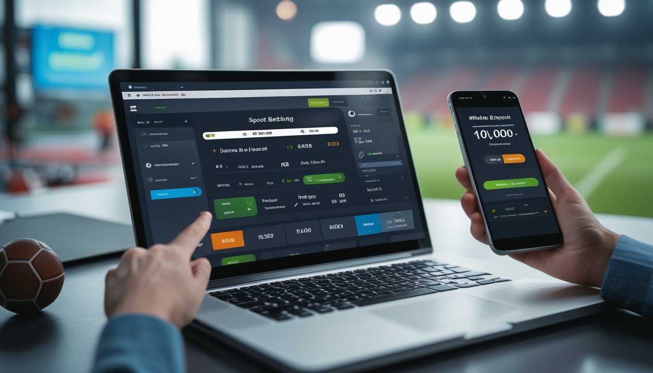 Seorang pengguna berinteraksi dengan laptop dan ponsel yang menampilkan aplikasi taruhan bola online dengan latar belakang bola sepak dan lampu stadion.