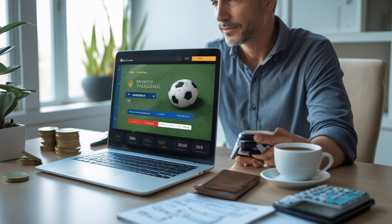 Seorang pria dewasa duduk di meja kerja dengan laptop dan ponsel, fokus pada layar yang menampilkan situs taruhan bola, di ruangan dengan pencahayaan alami dan tanaman.