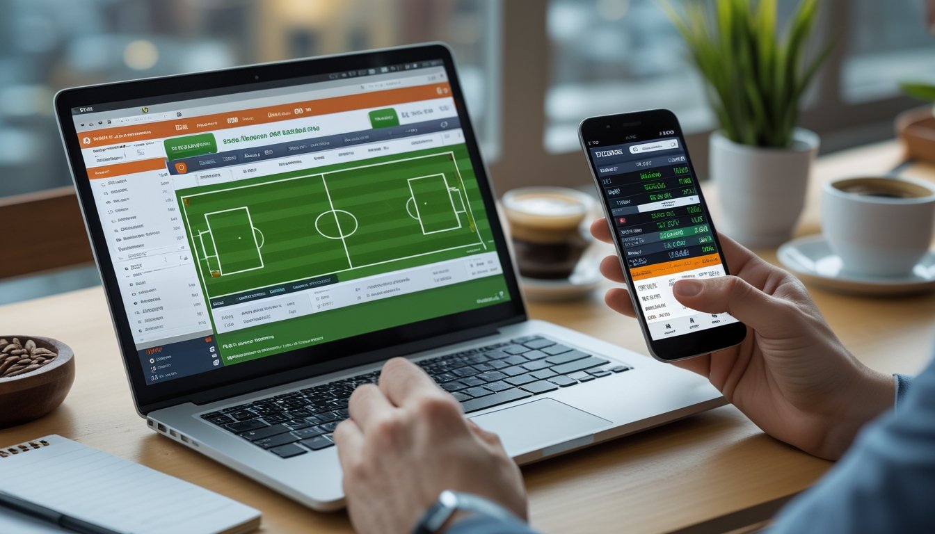 Seorang pengguna sedang menggunakan laptop dan ponsel untuk memasang taruhan bola online di meja kerja dengan suasana yang tenang dan terang.