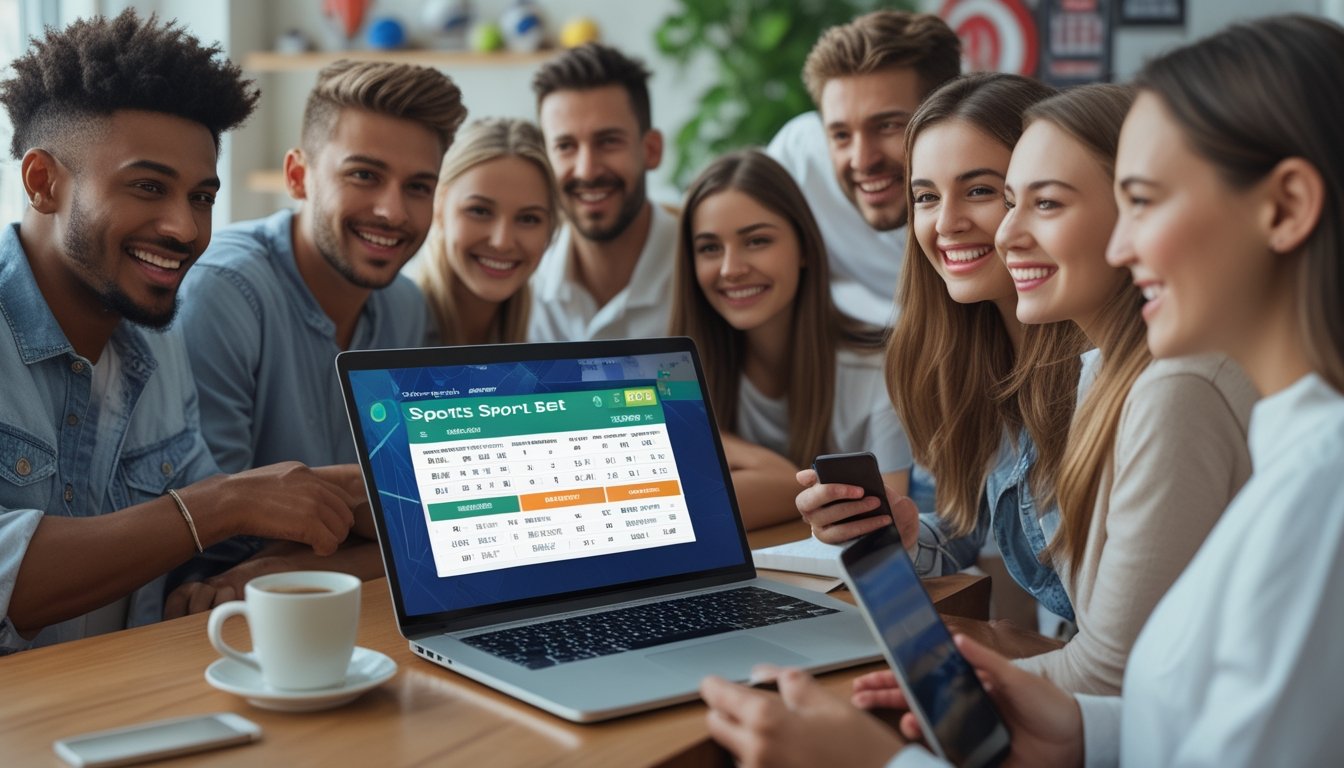 Beberapa orang muda sedang menggunakan laptop dan ponsel untuk bermain taruhan bola online di ruangan yang nyaman.