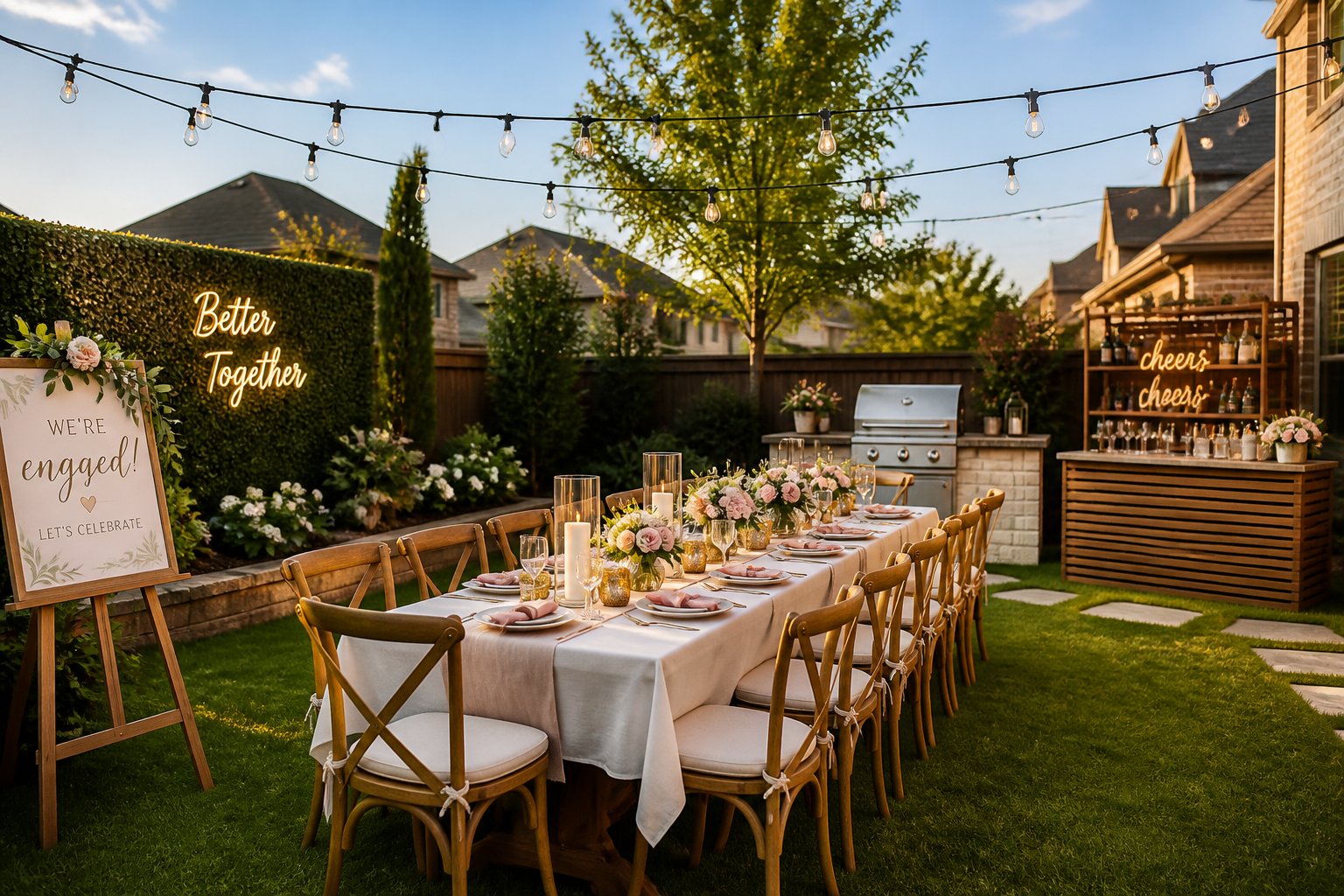 A backyard with a decorated table, string lights, and floral centerpieces set up for an engagement party.