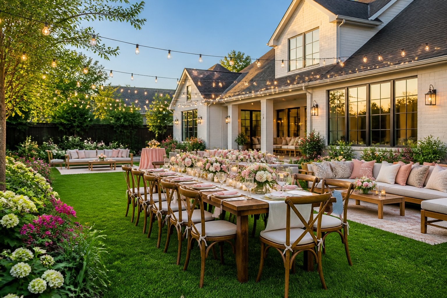 A beautifully decorated backyard with a long table set for an engagement party surrounded by greenery and string lights.