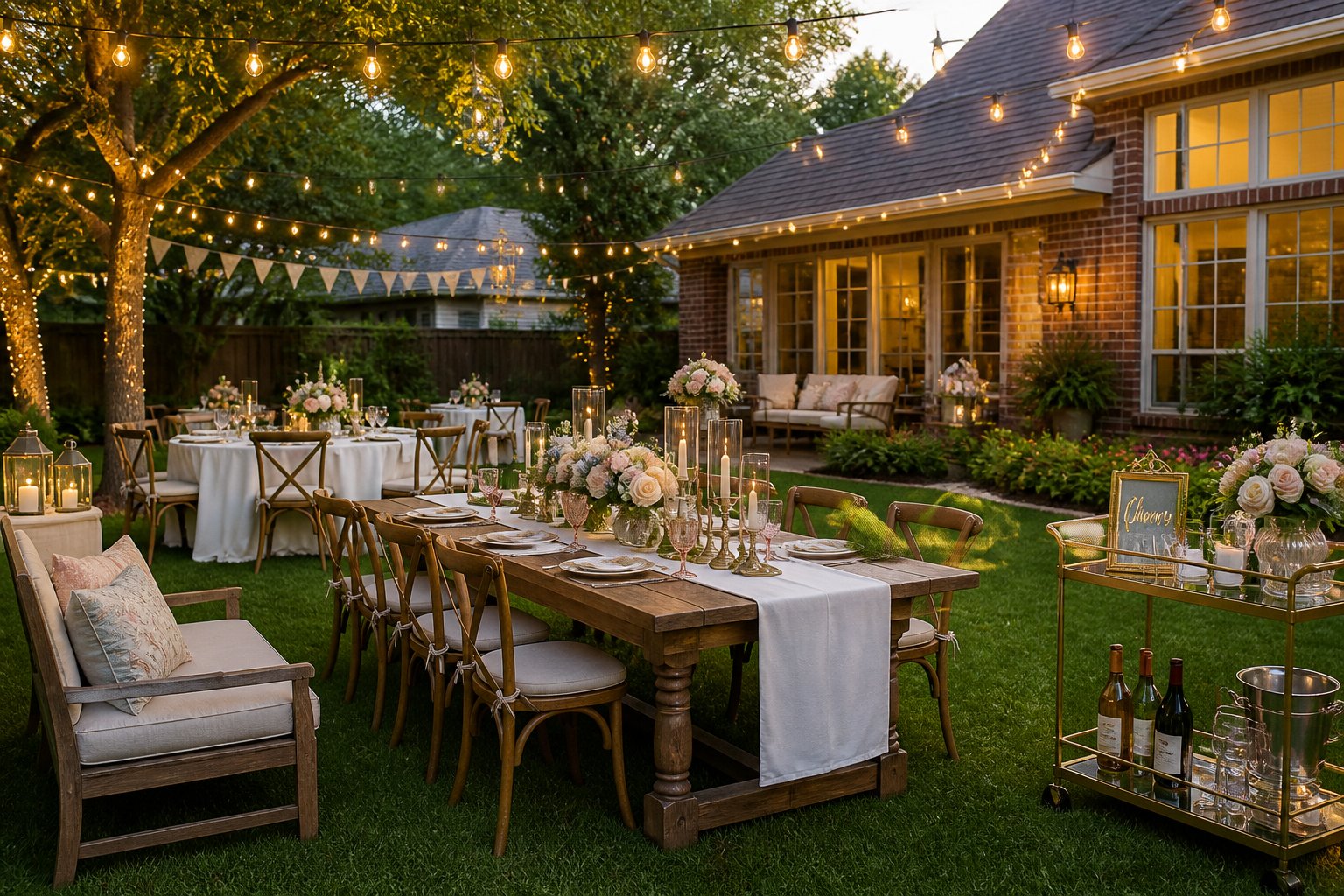 A beautifully decorated backyard with tables, string lights, flowers, and a brick house in the background, set up for an outdoor engagement party.