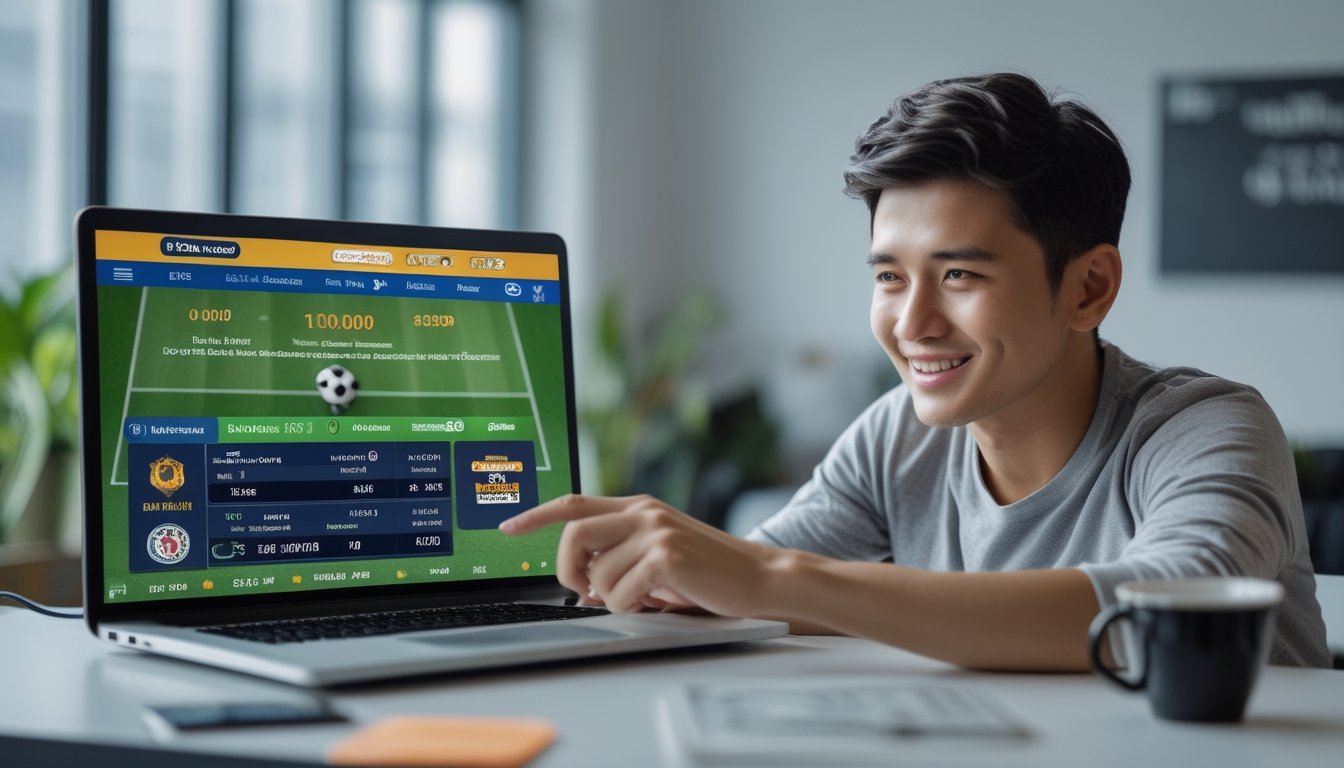 Seorang pria muda menggunakan laptop di meja kerja yang menampilkan situs taruhan bola online dengan elemen sepak bola dan saldo deposit kecil.