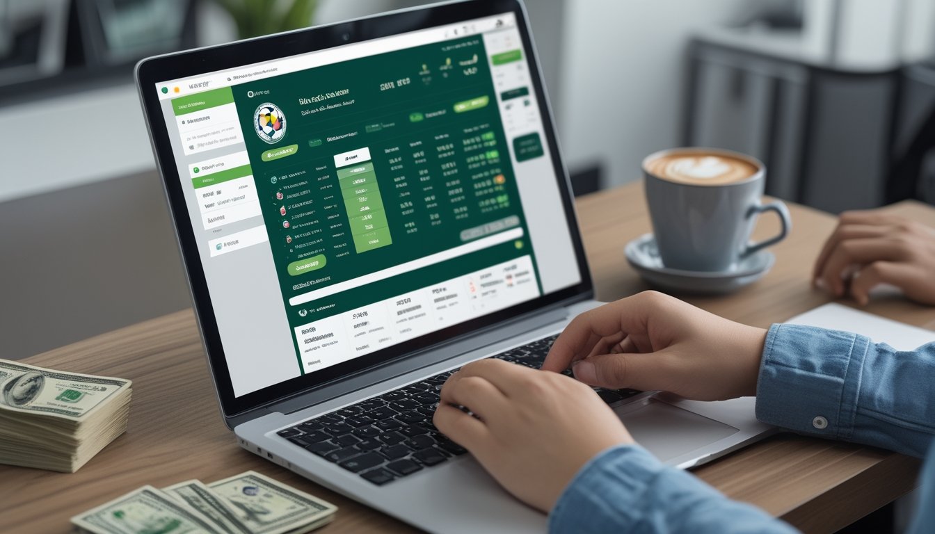 Seseorang menggunakan laptop untuk memasang taruhan bola online dengan uang dan ponsel di meja kerja.