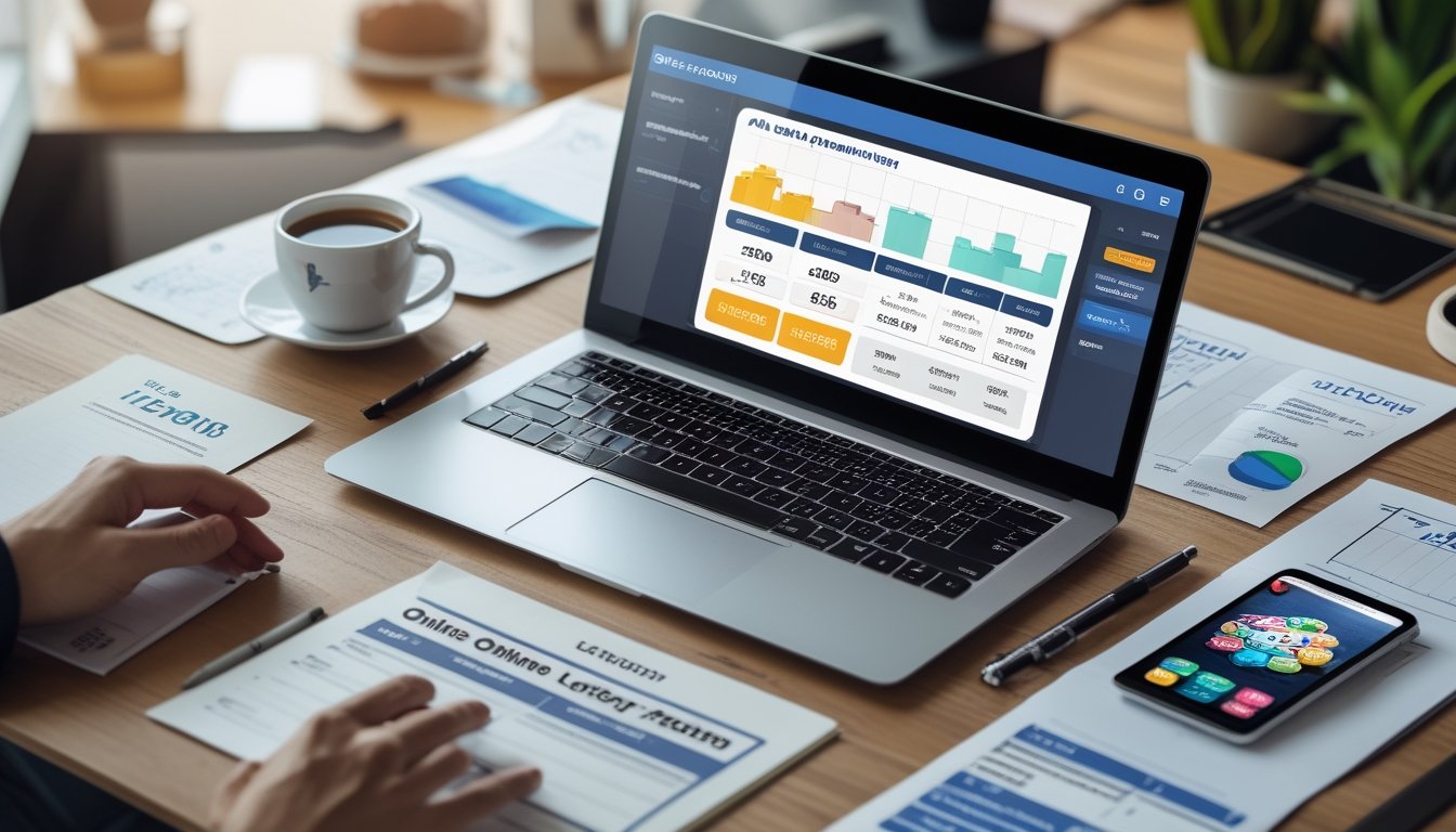 Meja kerja modern dengan laptop yang menampilkan grafik dan smartphone dengan aplikasi togel, suasana profesional dan teratur.