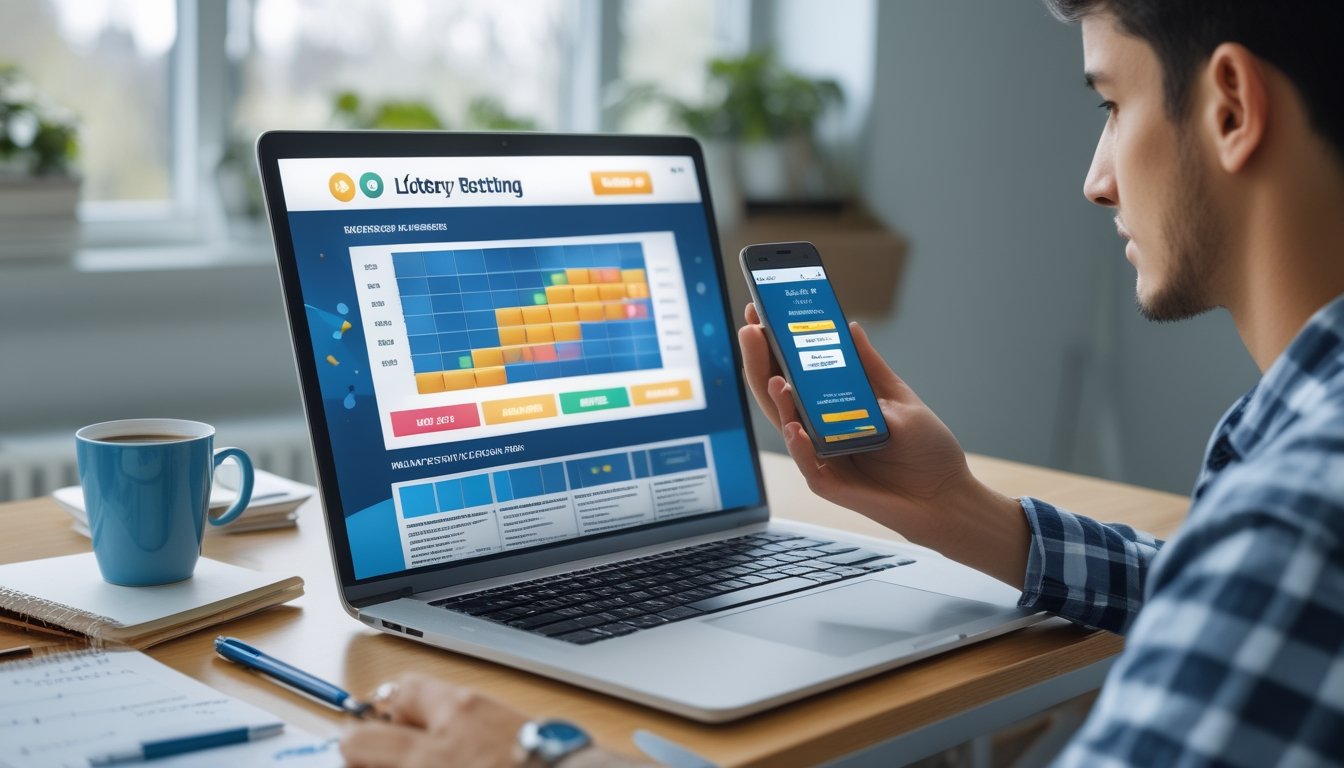 Seseorang sedang duduk di depan laptop di ruang kerja rumah, fokus melihat layar yang menampilkan situs togel online dengan grafik dan penawaran diskon, sambil memegang ponsel.