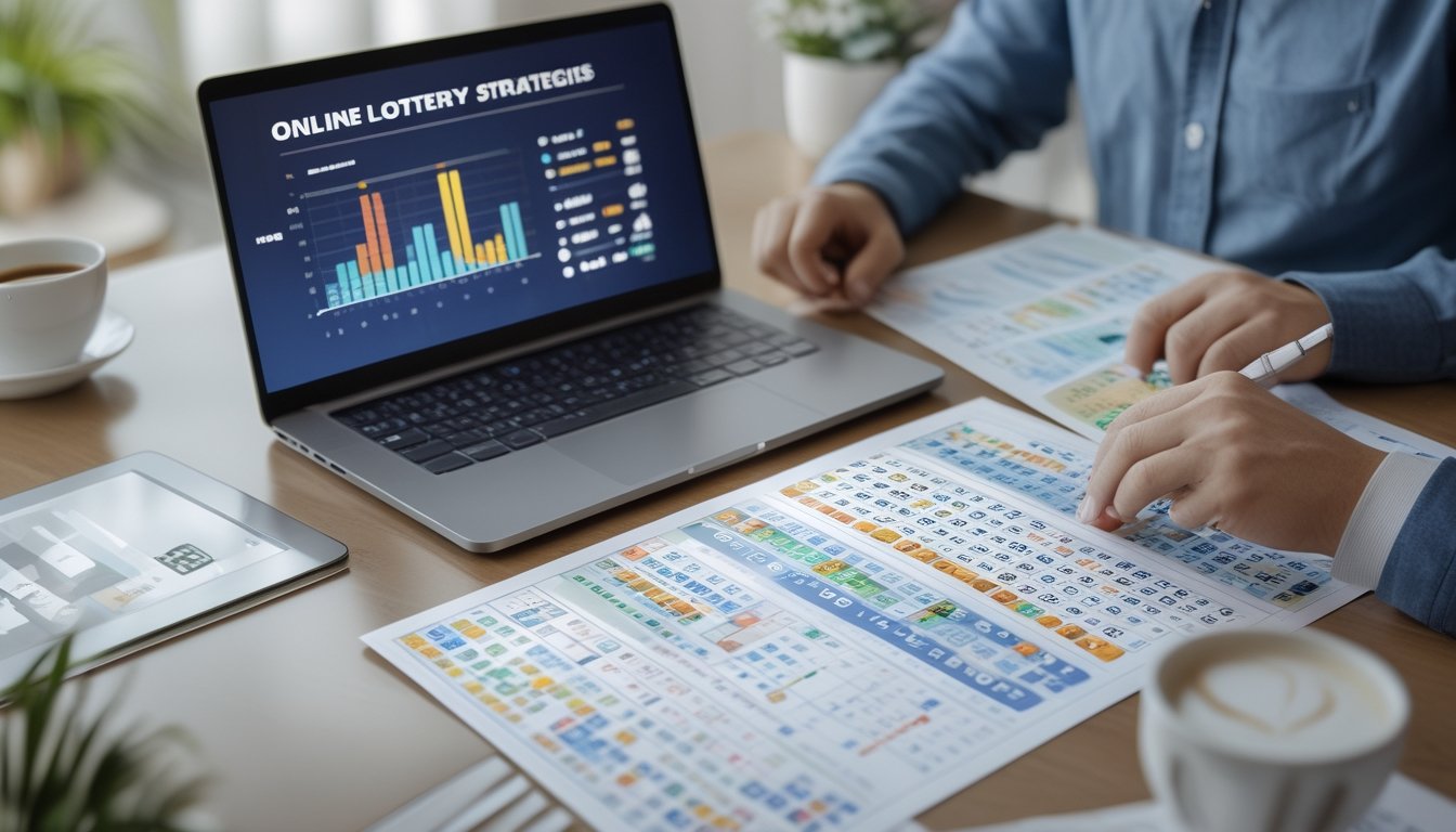 Seseorang sedang bekerja di meja dengan laptop, kertas catatan, dan ponsel yang menampilkan aplikasi togel, menunjukkan suasana fokus dan perencanaan.