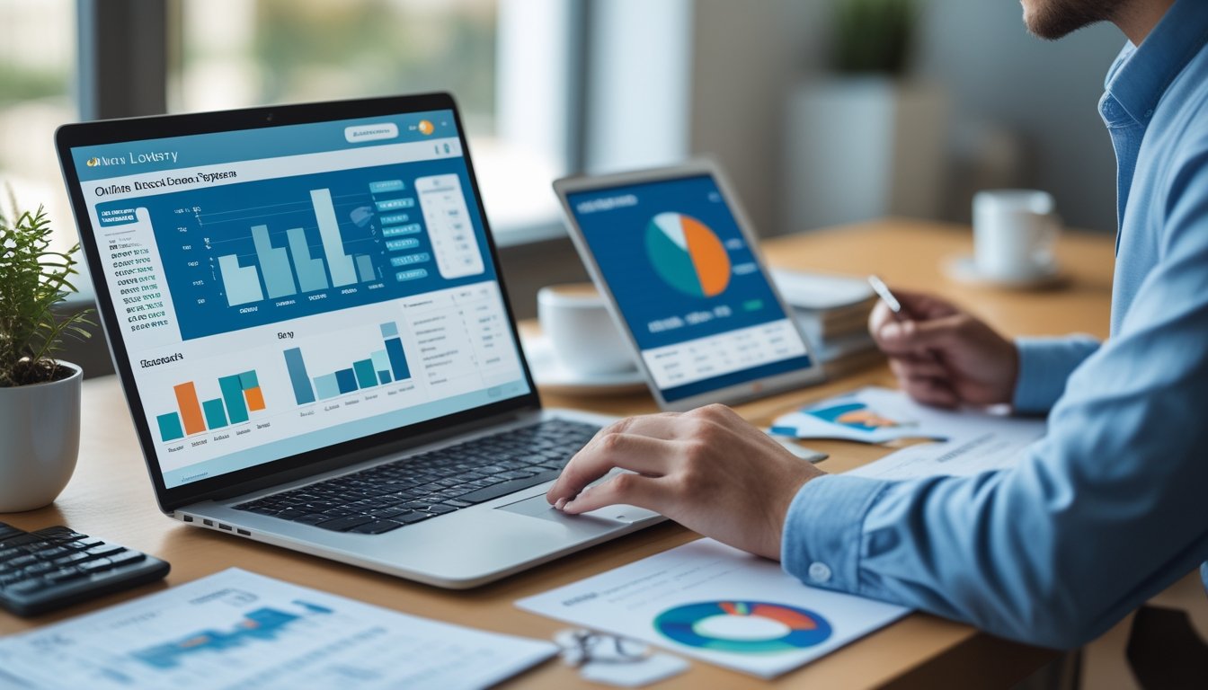 Meja kerja modern dengan laptop menampilkan grafik diskon, dokumen keuangan, kalkulator, dan seseorang yang sedang menganalisis data pada tablet.