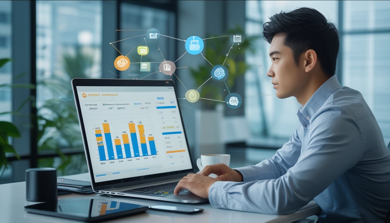 Seorang pria muda duduk di meja kantor dengan laptop, terlihat fokus merencanakan strategi permainan online.