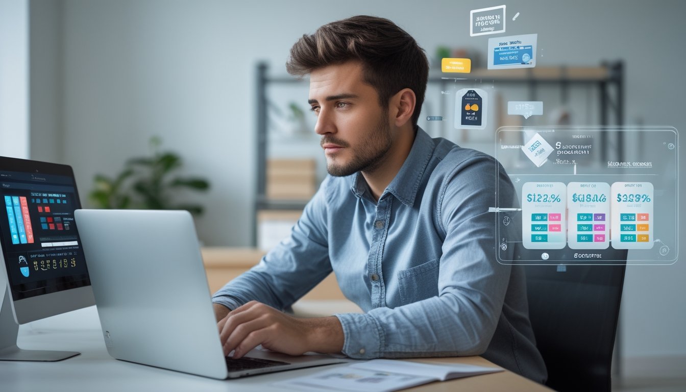 Seorang pria muda duduk di meja kerja dengan laptop, fokus menganalisis data dan strategi diskon togel online.