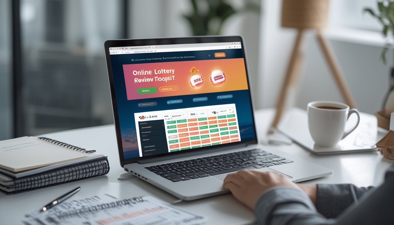 Seorang profesional sedang bekerja di meja dengan laptop yang menampilkan situs togel online, di sekitar terdapat catatan dan ponsel dengan simbol diskon.