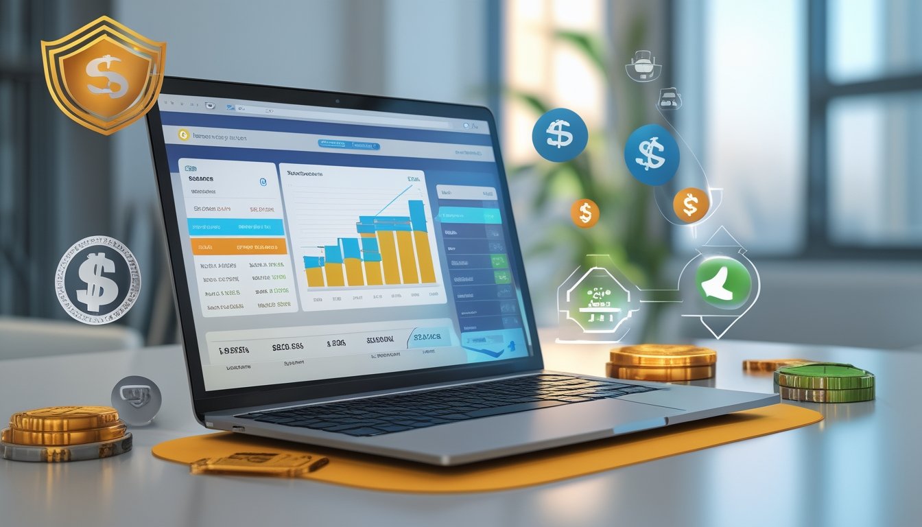 Seorang pengguna sedang melihat situs togel online di laptop dengan ikon diskon dan simbol keamanan di sekitarnya di sebuah ruang kantor yang terang dan rapi.